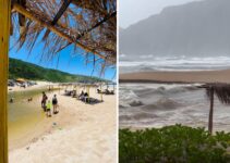 lagoa-que-se-rompeu,-formou-‘cascata’-na-areia-e-se-uniu-ao-mar-volta-a-fechar-em-florianopolis;-antes-e-depois